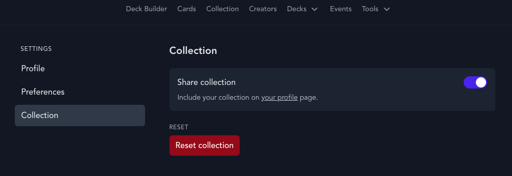 Dreamborn collection settings