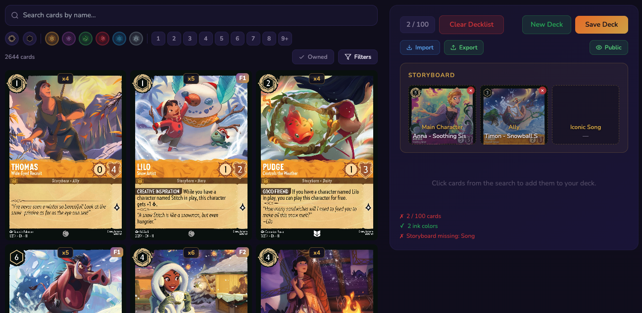 Deck builder with collection badges