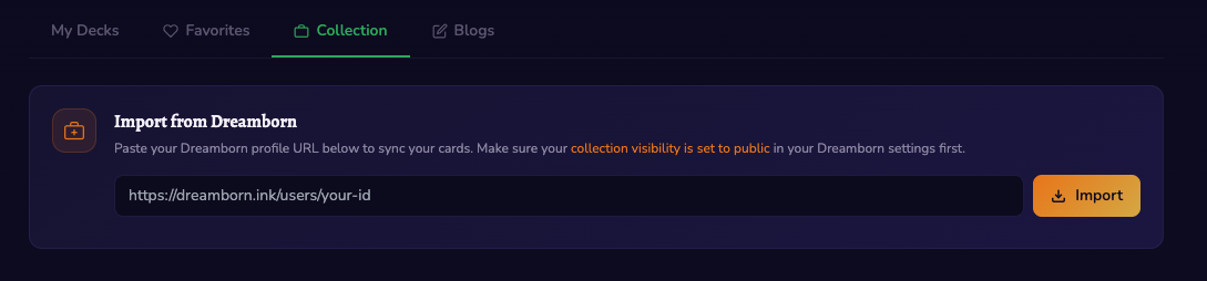 Import section on profile page